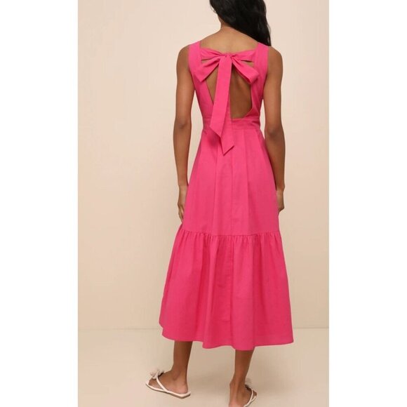Lulus Blissful Afternoon Hot Pink Linen Tie-Back Midi Dress L Summer Lined - Picture 8 of 13